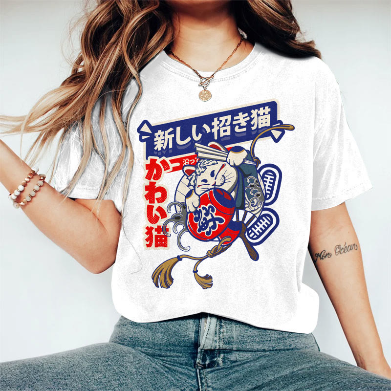 100% Cotton Women's Japanese Lucky Cat Art Print Casual T-shirt - White - 2XL - image 2