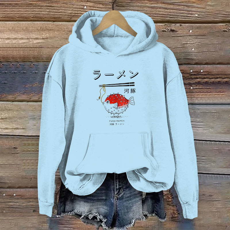 100% Cotton Cute Japanese Fugu Fish Ramen Print Women's Hoodie - Blue - 2XL - image 4
