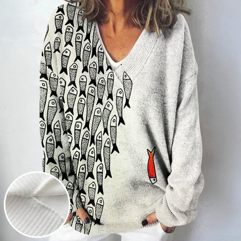 Cute Simple Lines Abstract Geometric Fish Art Print Causal V-neck Pullover Sweater - image 5