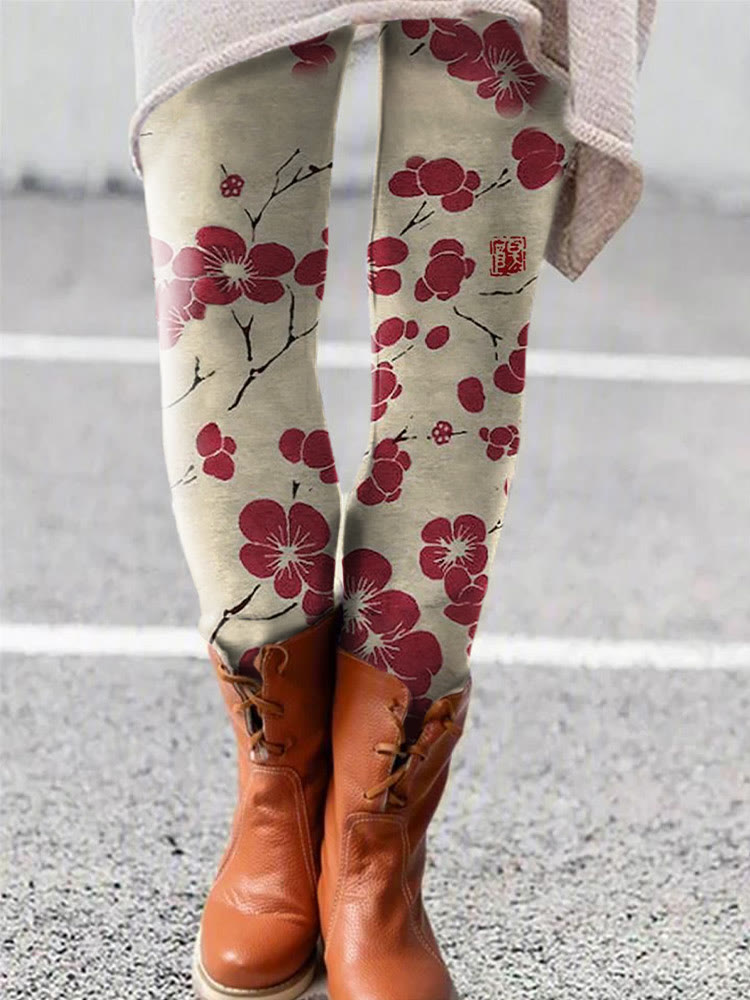 Dashingsoul Cherry Blossom Japanese Lino Art Vintage Leggings