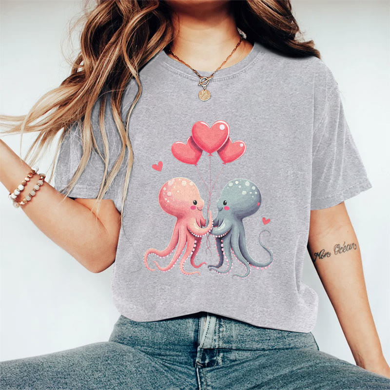 100% Cotton Valentine's Day Octopus Heart T-shirt - Grey - 2XL - image 3