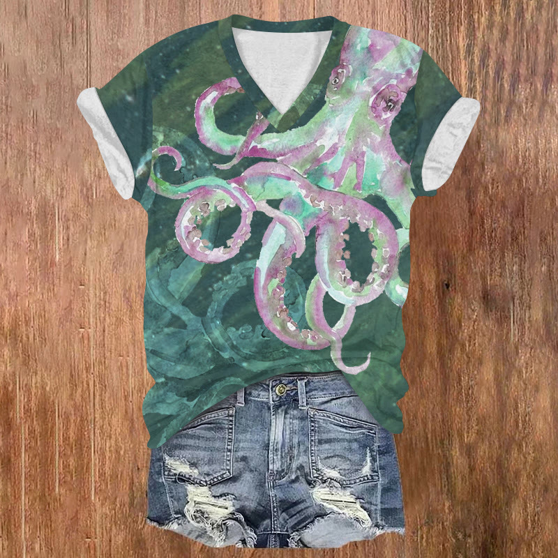 Ocean Watercolor Aurora Octopus Pattern Print Short Sleeved V-neck T-shirt - Dark Green - US32-34(5XL) - image 4