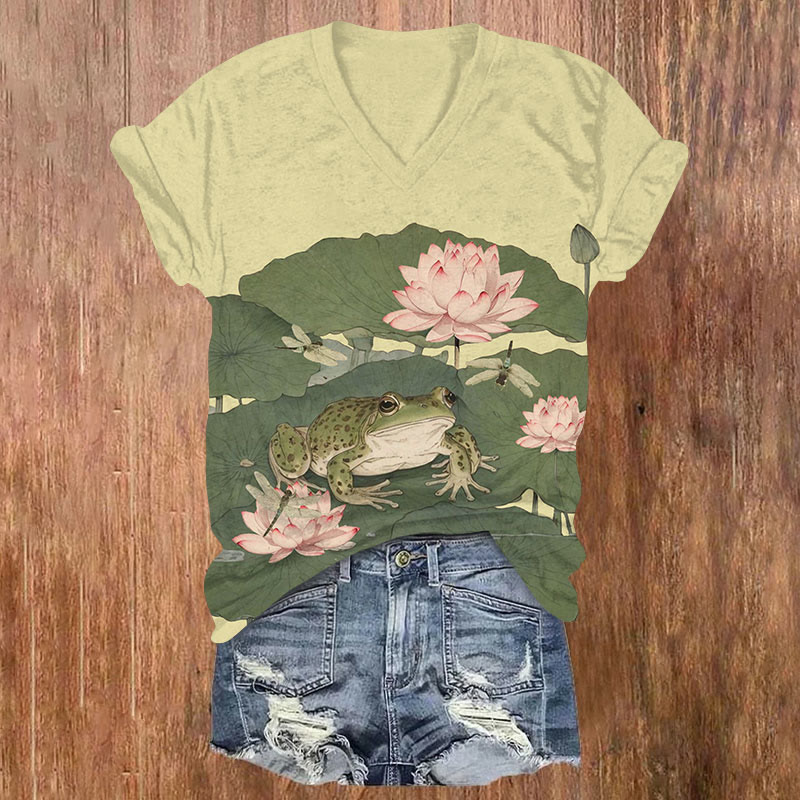 Japanese Style Lotus Leaf Lotus Dragonfly Frog Print V-neck T-shirt - Yellow - US32-34(5XL) - image 2