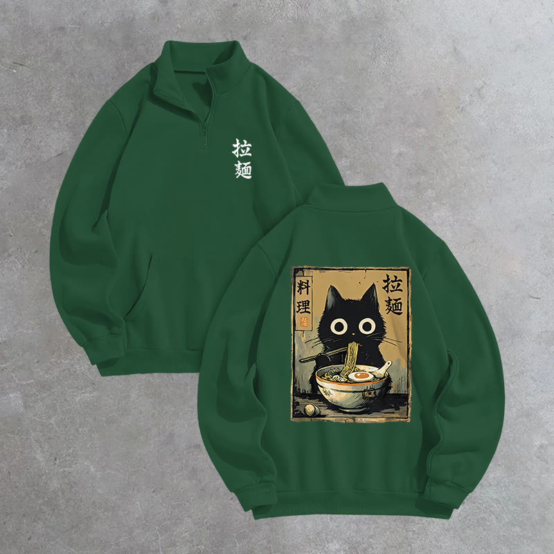Unisex Cute Black Cat Eating Ramen Japan Classic Print Zip Sweatshirt - Green - US16-18(2XL) - image 4