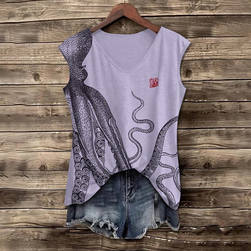 Japanese Art Octopus Print V-neck Tank Top - Purple - 5XL - image 2