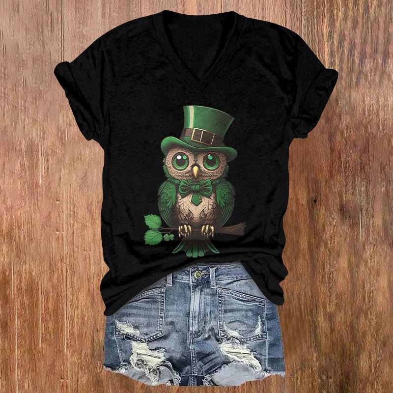 St. Patrick's Day Owl Wearing A Hat Print Short Sleeved V-Neck T-Shirt - Black - US32-34(5XL) - image 3