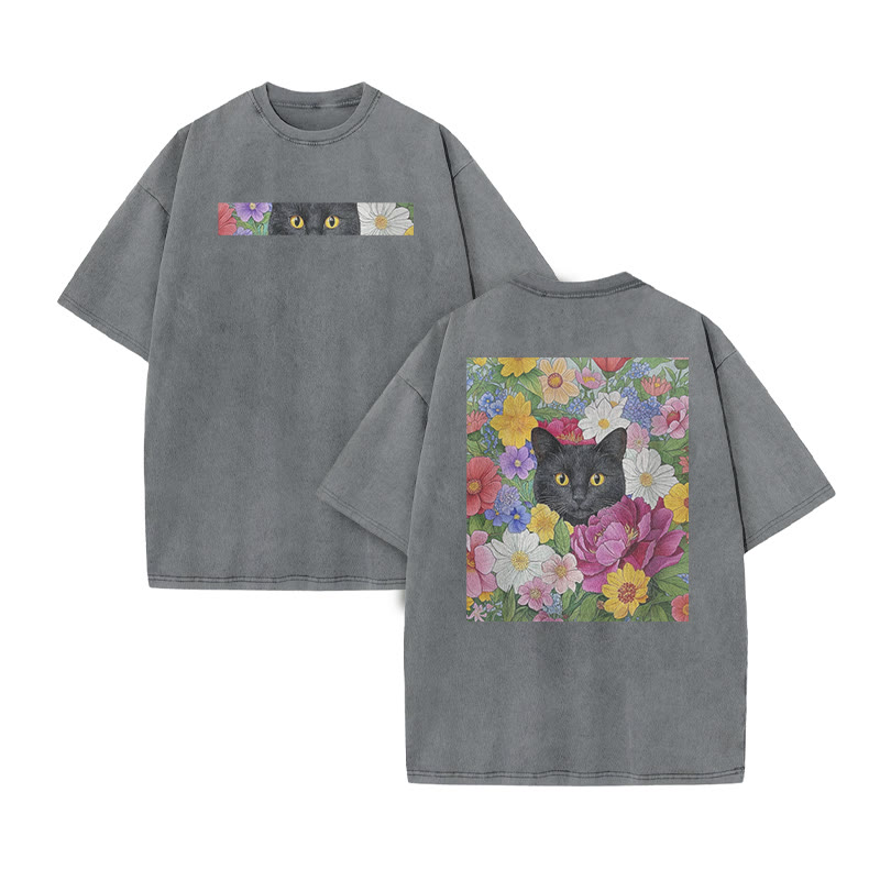 A Black Cat In A Field Of Colorful Flowers Print Acid Washed T-shirt - Grey - US20-22(3XL) - image 5
