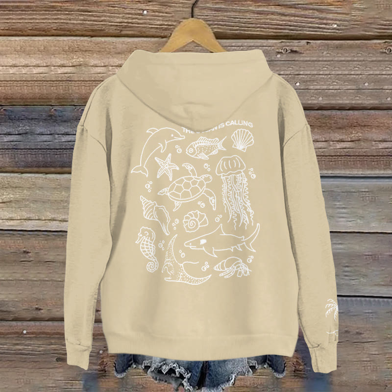 100% Cotton The Ocean Is Calling Print Hoodie - Apricot - 2XL - image 5