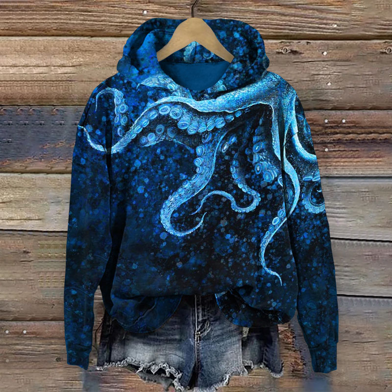Personality Undersea Octopus Print Long Sleeve Hoodie - Royal Blue - 8XL - image 1