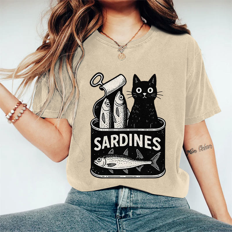 100% Cotton Women's Lovely Canned Sardines & Black Cat Art Print Casual T-shirt - Khaki - 2XL - image 5