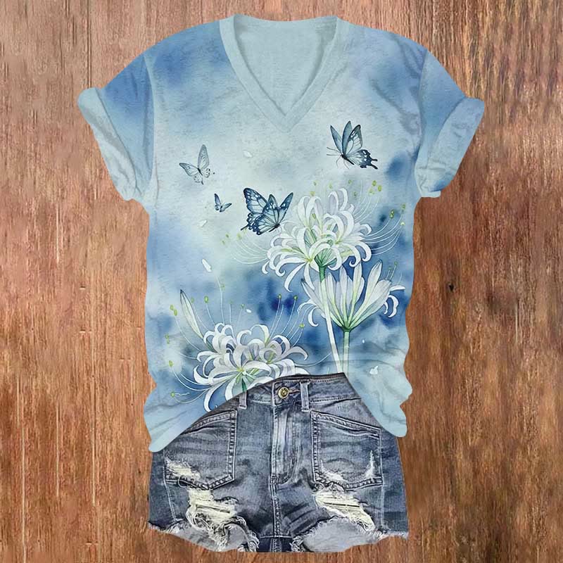 Japanese Fantasy Butterfly Floral Painting Print V-neck T-shirt - Blue - US32-34(5XL) - image 2