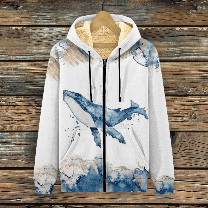 Simple Whale Watercolor Print Fleece Jacket - Blue - 4XL - image 1