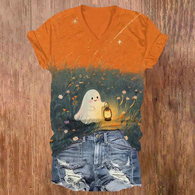 Halloween Lovely Ghost Holding Kerosene Lamp Art Print V-neck T-shirt - Orange - US32-34(5XL) - image 3
