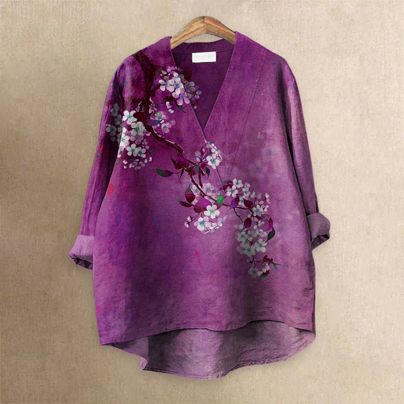 Japanese Antique Pear Blossom Ink Painting Printed Casual V-neck Blouse - Purple - 6XL - image 3