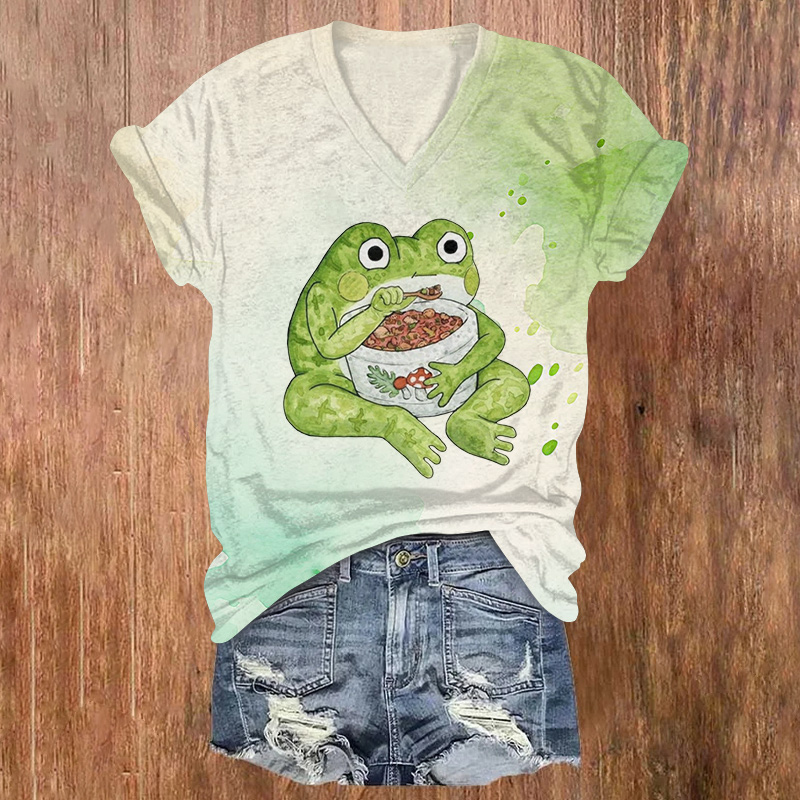 Whimsical Japanese-style Frog Snacking Printed Short Sleeved V-neck T-shirt - Light Green - US32-34(5XL) - image 1