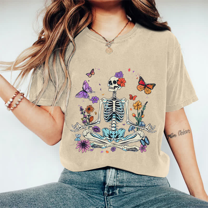 100% Cotton Women's Halloween Skeleton Man Surrounded By Flower & Butterfly Art Print Casual T-shirt - Apricot - 2XL - image 5