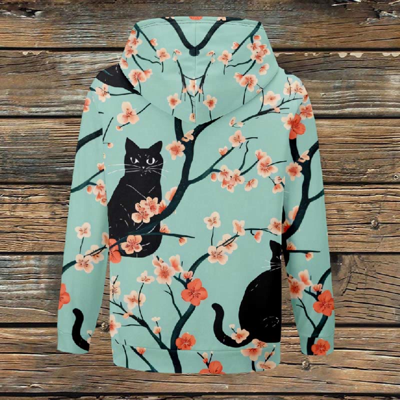 Women's Creative Kitten Sitting On Sakura Tree Print Fleece Jacket - image 3