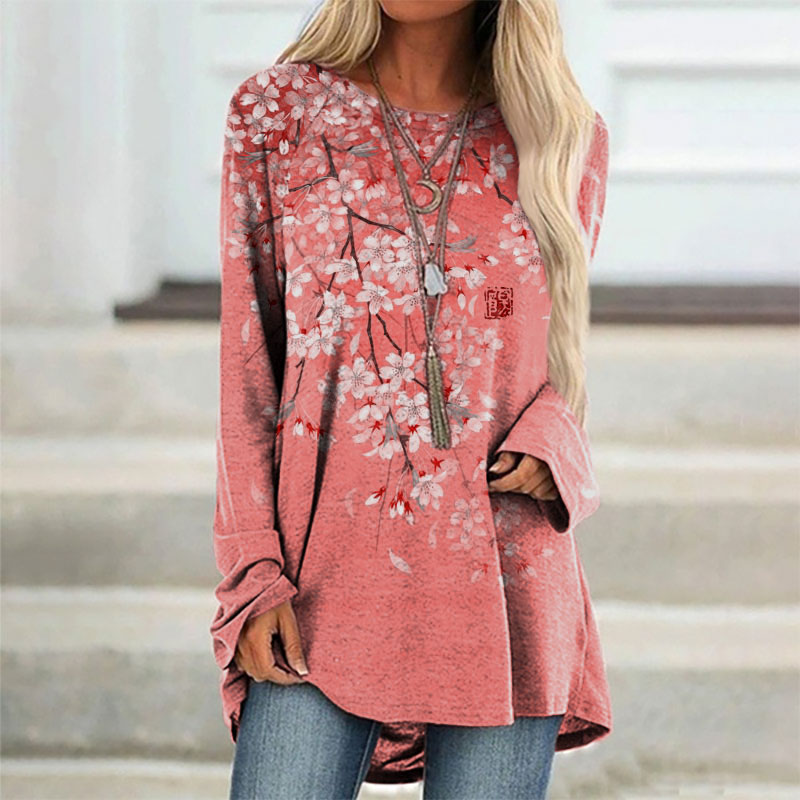 Cherry Blossom Full Moon Japanese Art Gradient Print Cozy Long Sleeved Tunic