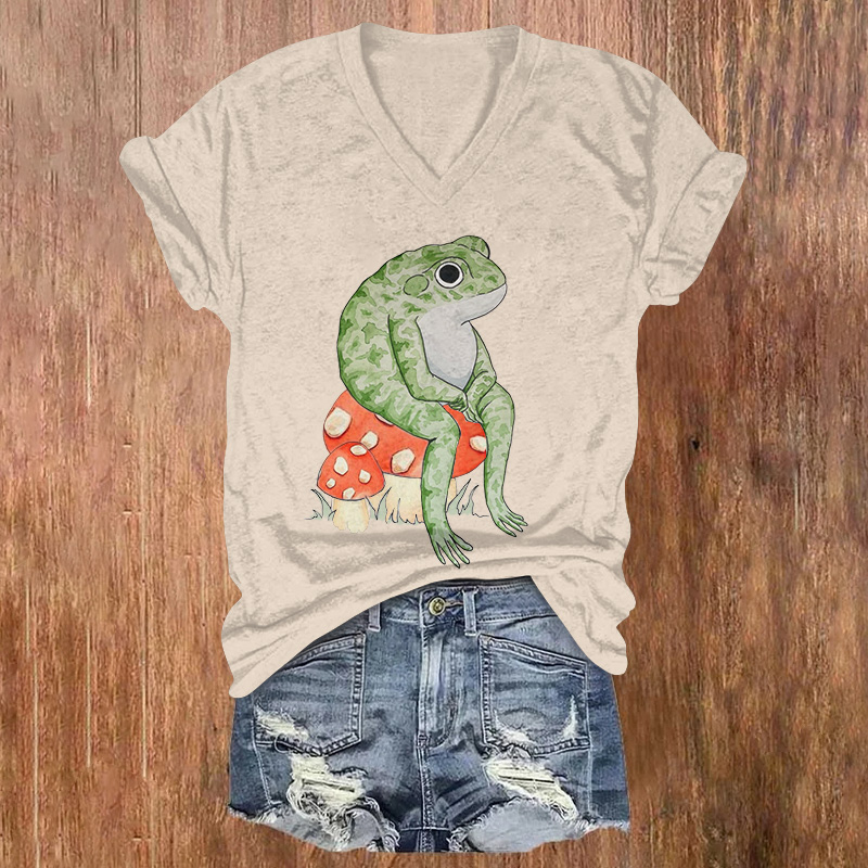A Whimsical Frog Sits On A Mushroom, Lost In Thought Printed Short Sleeved V-neck T-shirt - Khaki - US32-34(5XL) - image 1