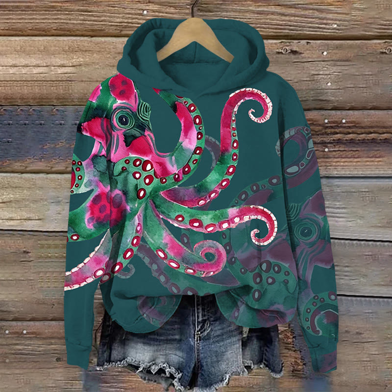 Unisex Watercolor Art Octopus Pattern Print Long Sleeved Hoodie - Army Green - US44-46(8XL) - image 3