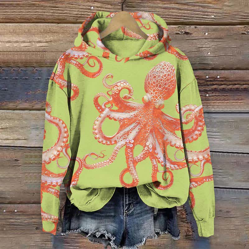 Japanese Vintage Vivid Octopus Art Print Long Sleeve Hoodie - Green - US44-46(8XL) - image 3