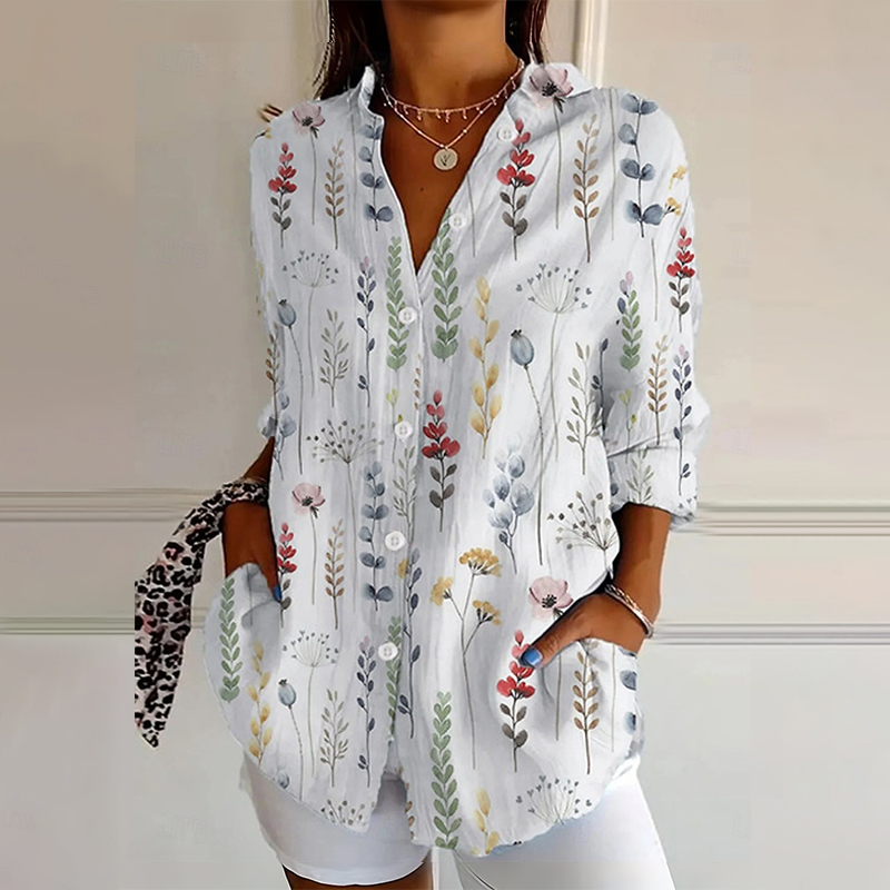 Watercolor Grass and Floral Pattern Print Long Sleeve Blouse - White - 4XL - image 1
