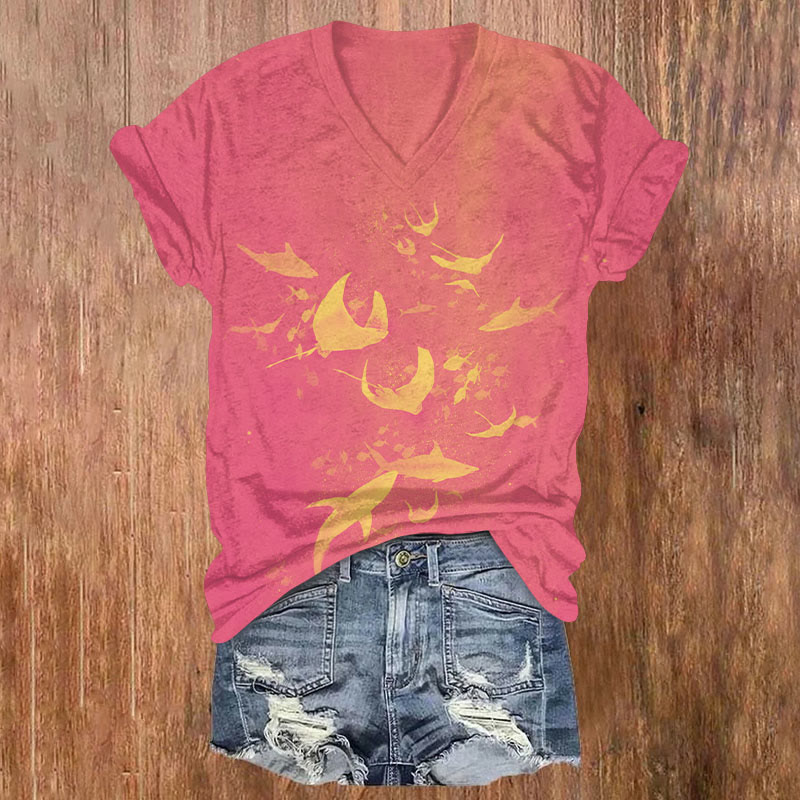 Ocean School Of Fishes Print V-neck T-shirt - Pink - US32-34(5XL) - image 3