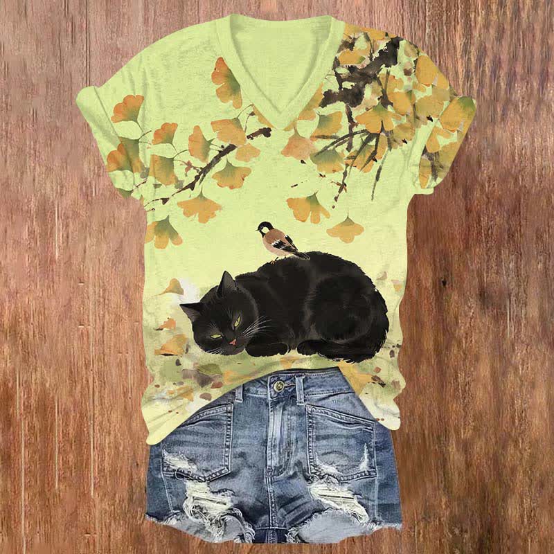 Japanese Oil Painting Black Cat Sleeping Under Ginkgo Tree Art Print V-neck T-shirt - Green - US32-34(5XL) - image 5