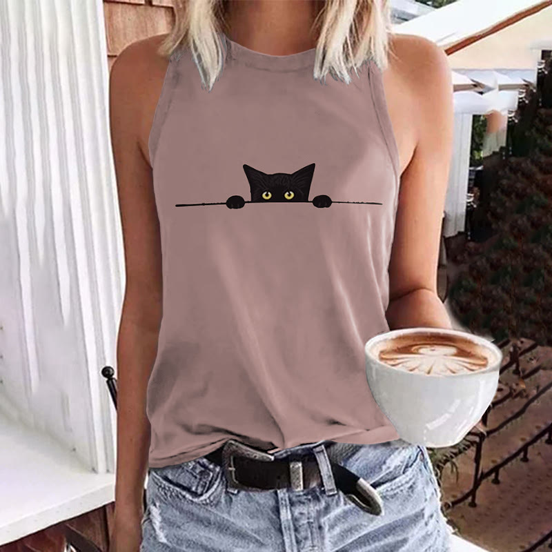 Women's Casual Black Cat Print Tank Top - Pink - 5XL - image 4