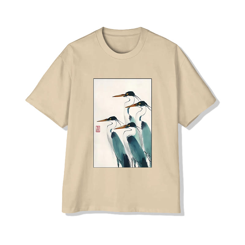 Unisex Japanese Crane Print Short Sleeved Crew Neck T-shirt - Apricot - 2XL - image 4