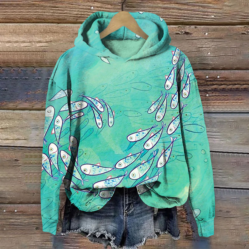 Interesting Fish Print Long Sleeve Hoodie - Green - 8XL - image 1