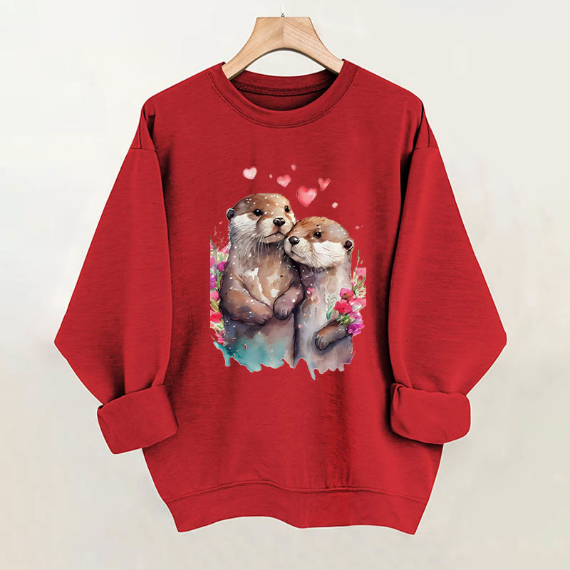 100% Cotton Valentine's Day Sea Otter Print Crew Neck Sweatshirt - Red - 2XL - image 2