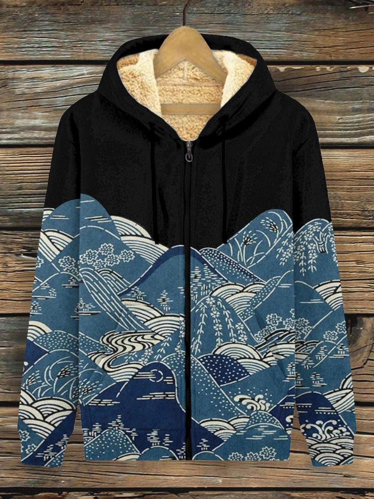 Mountains & Waves Landscape Japanese Art Print Fleece Jacket