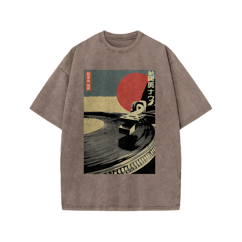 Japanese Vintage Turntable Art Print Acid Washed T-shirt - Coffee - US20-22(3XL) - image 3