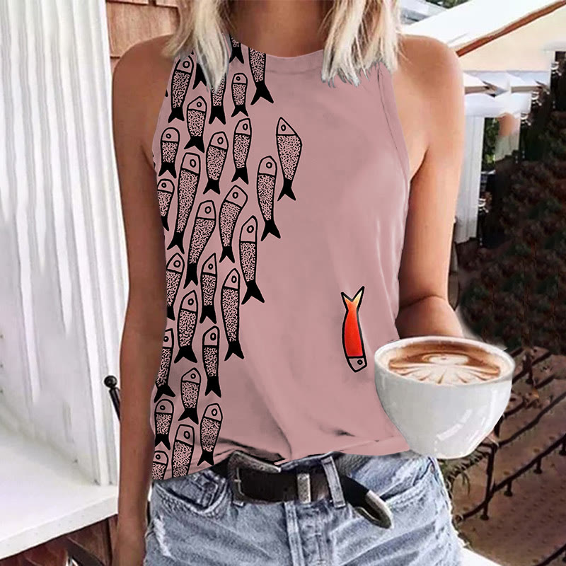 Cute Simple Lines Abstract Geometric Fish Art Print Crew Neck Tank Top - Pink - 5XL - image 2