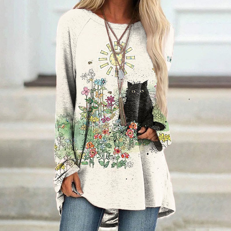 Vintage Floral Cat Print Long Sleeve Tunic - Beige - 8XL - image 1