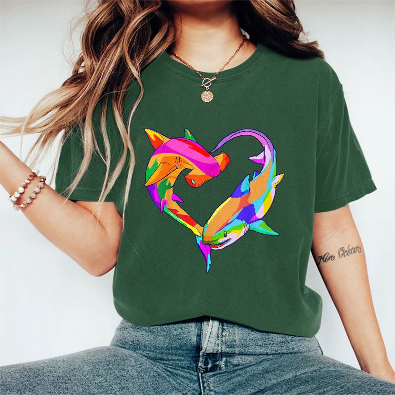 100% Cotton Valentine's Day Shark Heart T-shirt - Green - 2XL - image 5