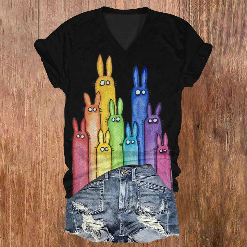 Retro Rainbow Bunny Print V-neck Short Sleeve T-shirt - Black - US32-34(5XL) - image 3
