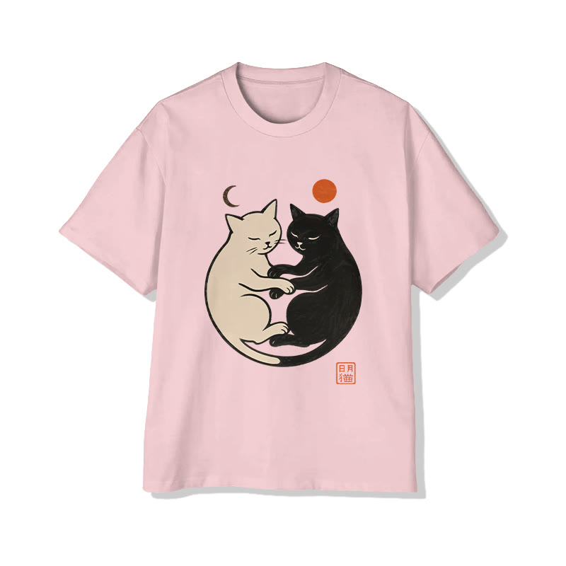 Unisex Sun And Moon Cat Pattern Print Short Sleeved Crew Neck T-shirt - Pink - 2XL - image 5