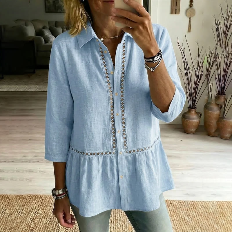 Elegant Bohemian Openwork Lace Linen Blend 3/4 Sleeve Blouse - Light Blue - 3XL - image 3