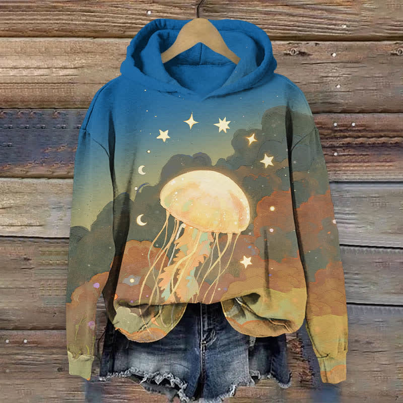Oil Painting Star & Moon Around Jellyfish Print Long Sleeve Hoodie - Blue - US44-46(8XL) - image 3