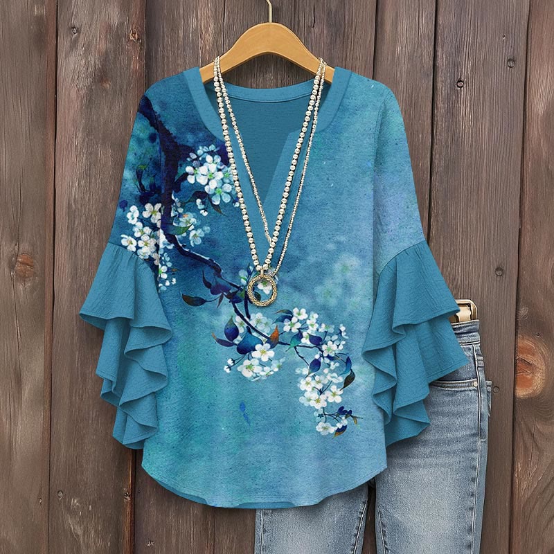 Japanese Antique Pear Blossom Ink Painting Print V-neck Half Sleeve Blouse - Blue - 5XL - image 2