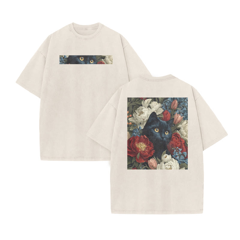 A Black Cat Hidden Among Clusters Of Red-white Peonies Print Acid Washed T-shirt - Beige - US20-22(3XL) - image 3