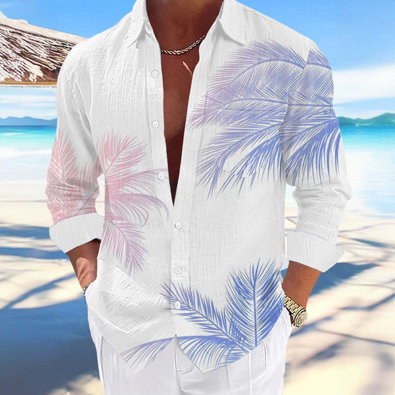 Men's Casual Hawaiian Palm Tree Print Long Sleeve Pocket Shirt - White - 5XL - image 6