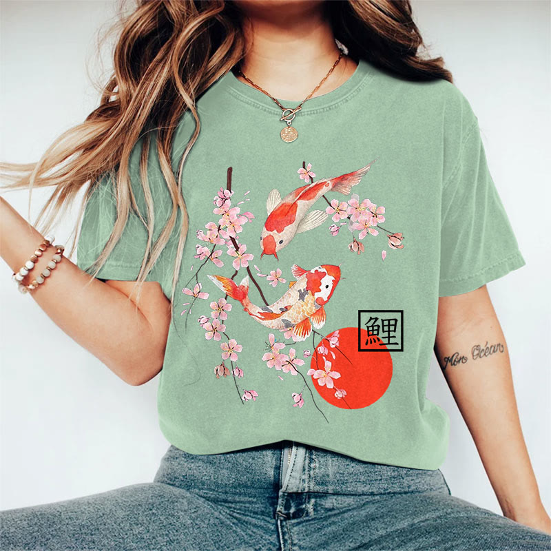 100% Cotton Women's Japanese Sakura Koi Carp Art Print Casual T-shirt - Green - 2XL - image 6