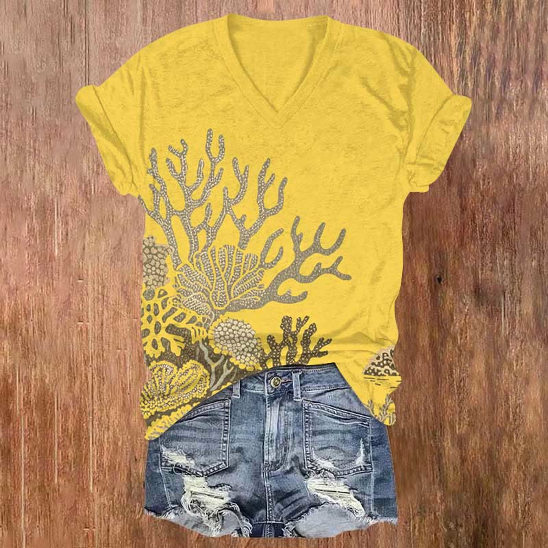 Funny Abstract Coral Art Print V-neck T-shirt - Yellow - US32-34(5XL) - image 5