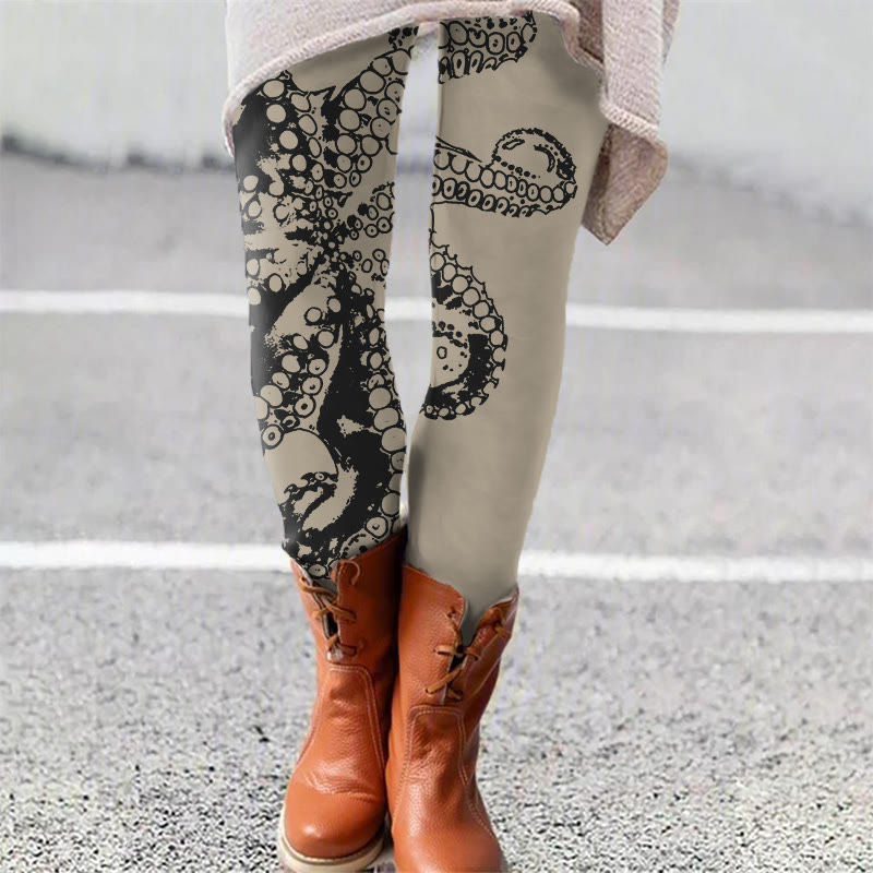 Octopus Asymmetric Print Leggings - Khaki - 5XL - image 2