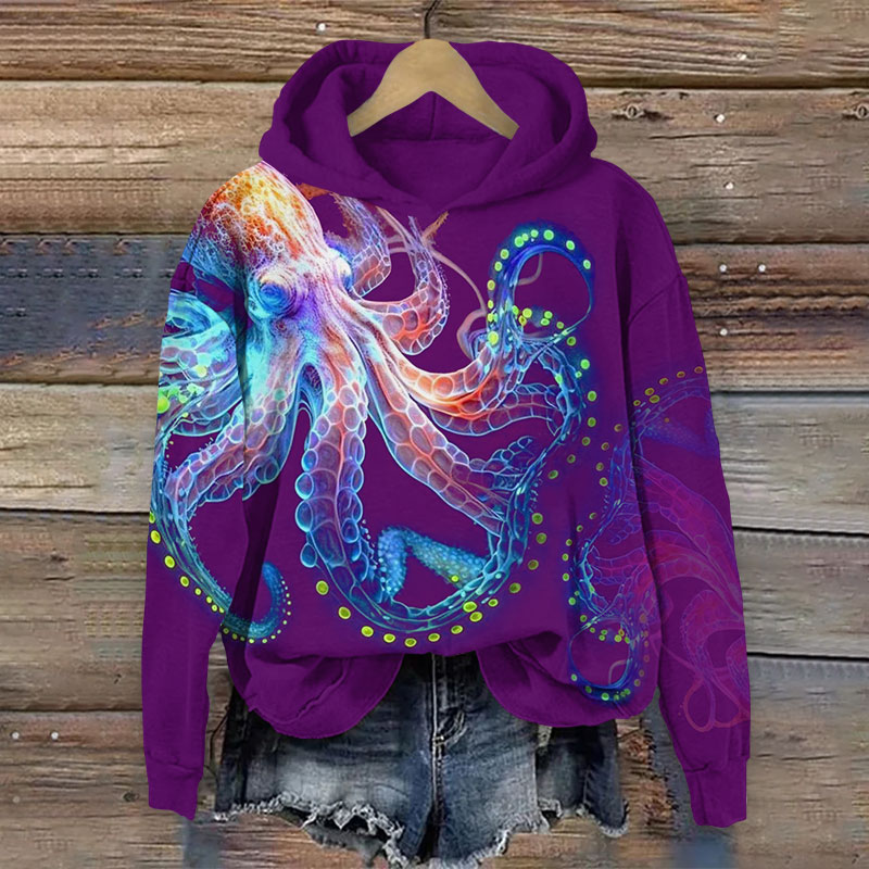 Vintage Technological Octopus Print Long Sleeve Hoodie - Purple - US44-46(8XL) - image 3
