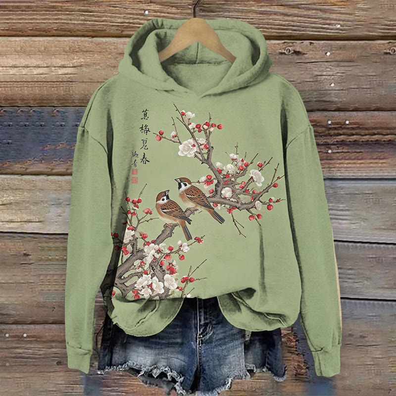 Vintage Spring Plum Blossom & Birds Art Print Long Sleeve Hoodie - image 4