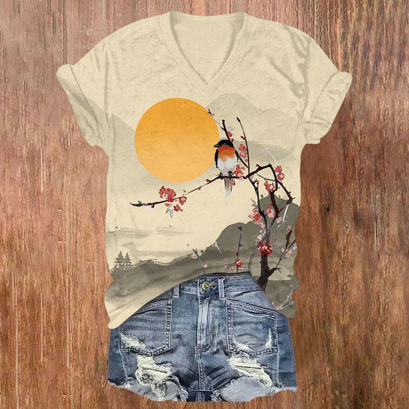 Japanese Landscape, Flowers, Birds And Sun Print V-neck T-shirt - Apricot - US32-34(5XL) - image 3